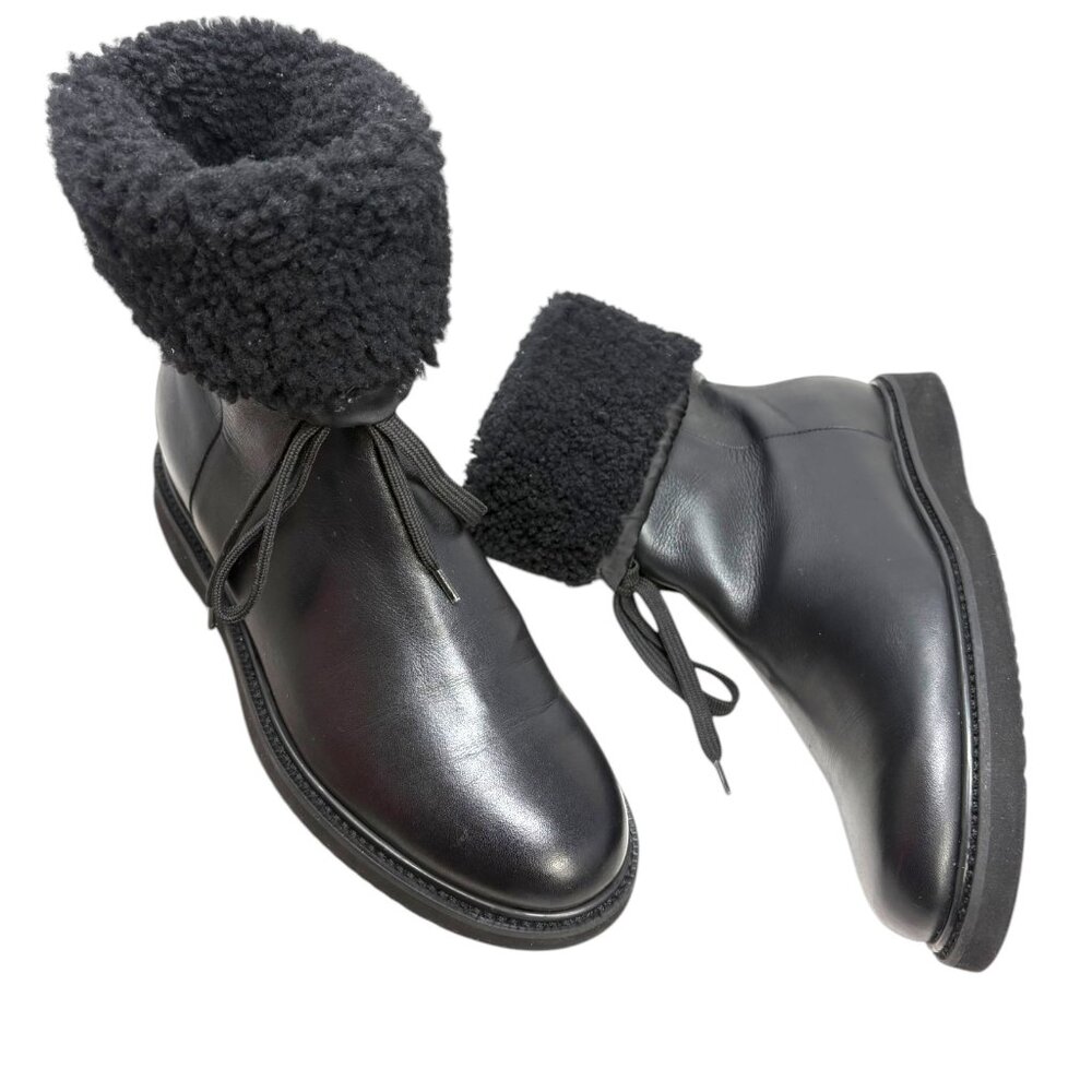 Aquatalia Heidy Black Leather Shearling Waterproof Wedge Booties‎